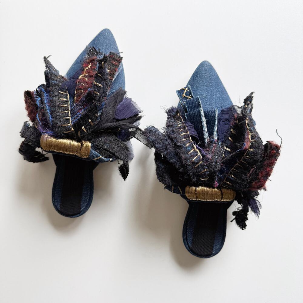 Sanayi 313 Denim Wool Tweed Fringe Gold Metallic Embroidered Slipper Mules 36/6